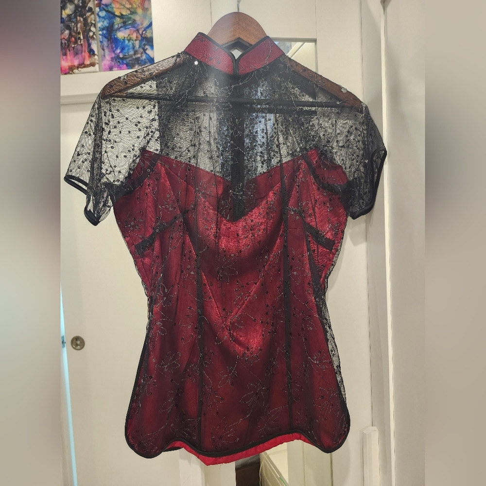 Red and Black Bustier Blouse with Mandarin Collar